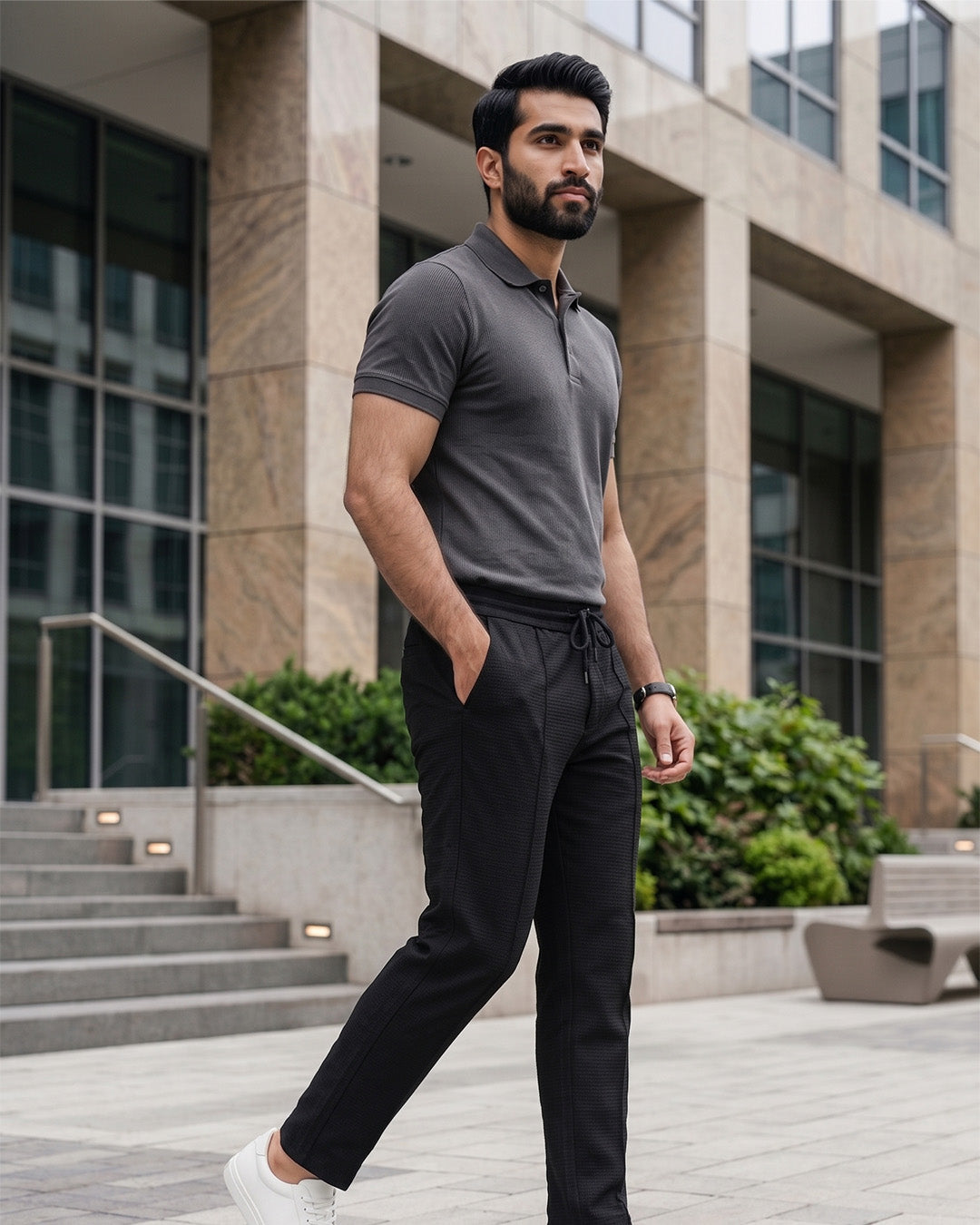 UrbanEase China Fabric Trousers – Charcoal Black