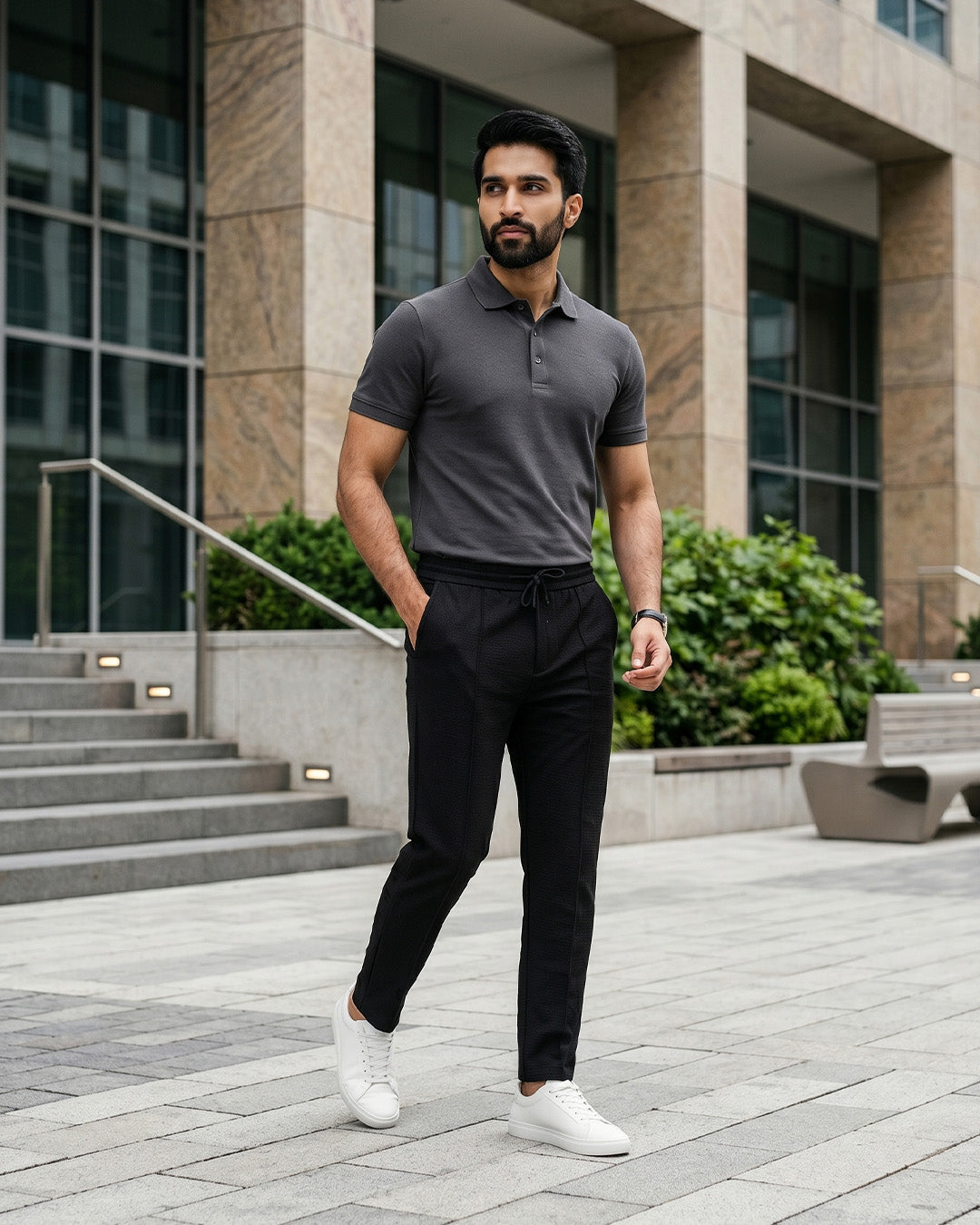 UrbanEase China Fabric Trousers – Charcoal Black