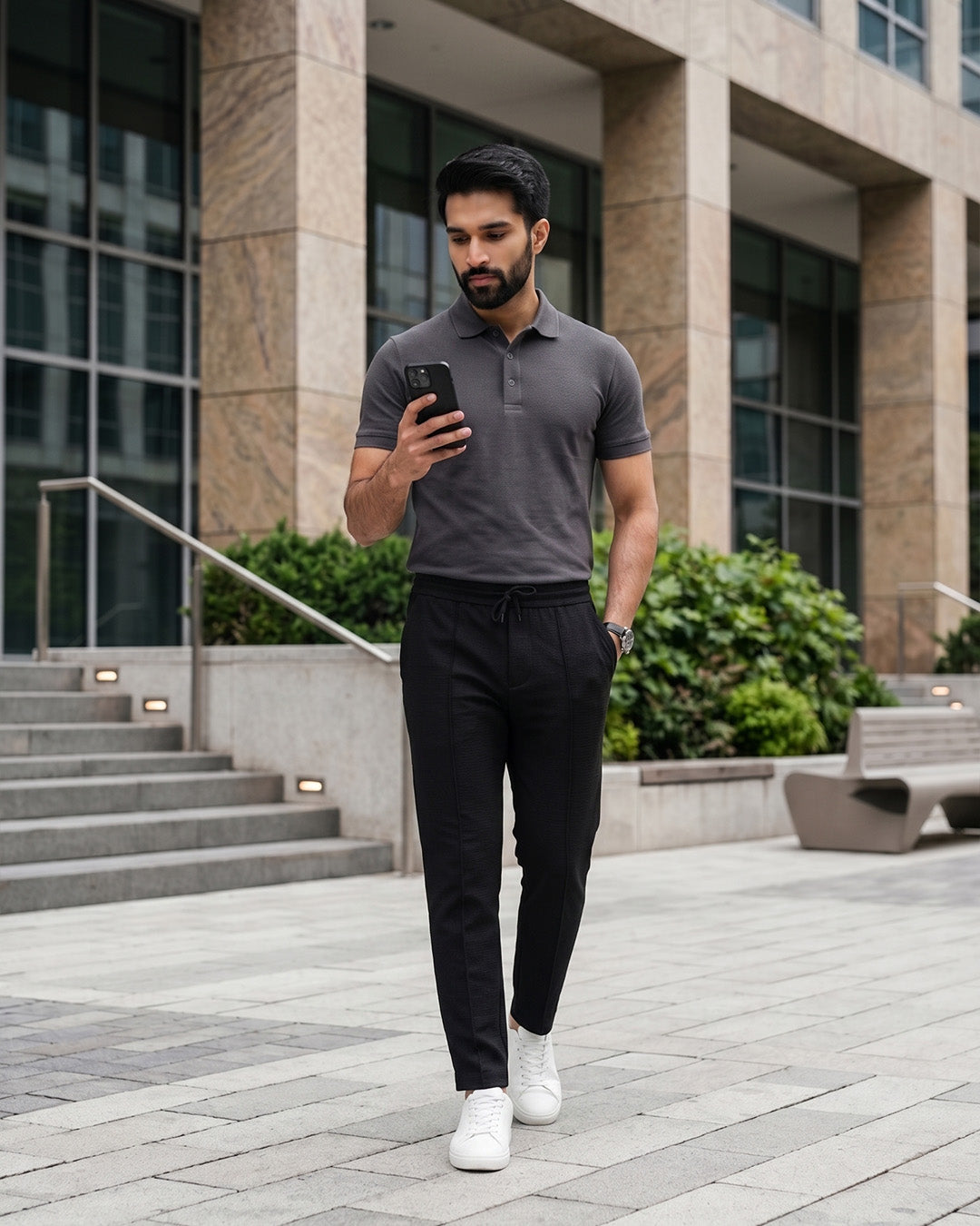 UrbanEase China Fabric Trousers – Charcoal Black