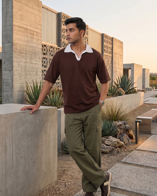 Contrast Collar Polo T-Shirt – Mocha Brown
