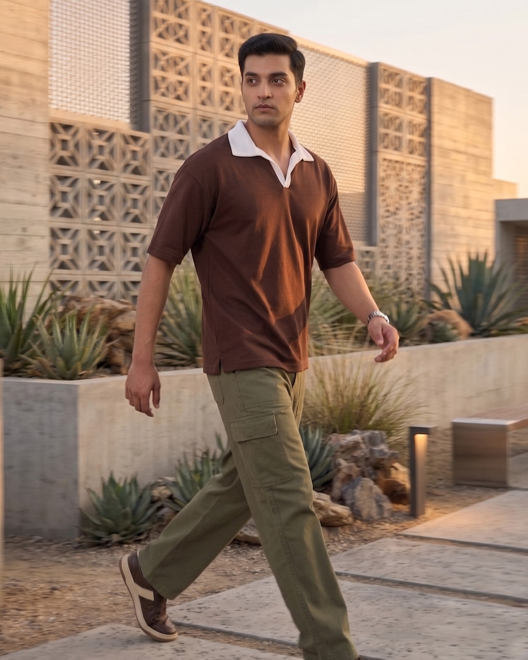 Contrast Collar Polo T-Shirt – Mocha Brown