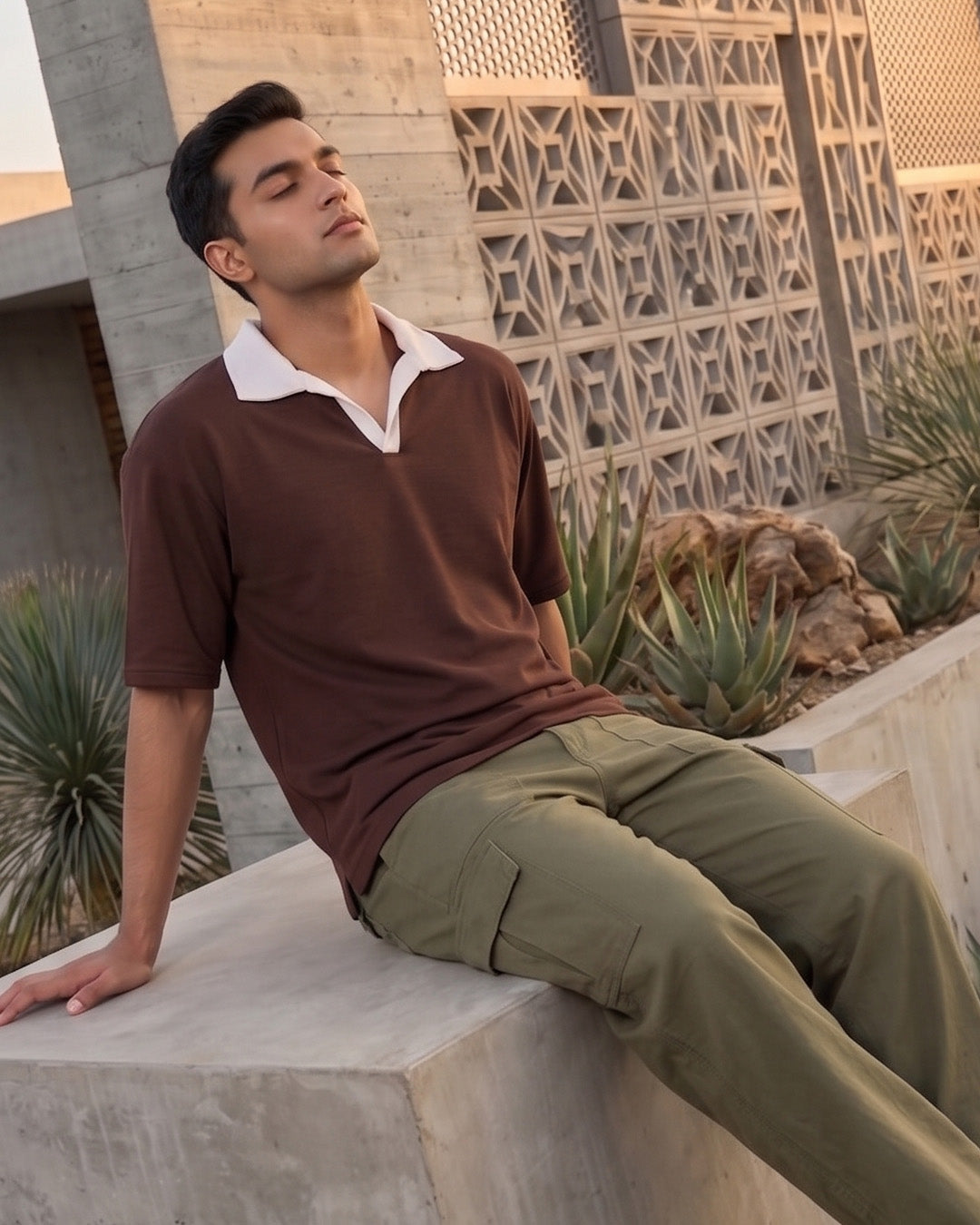 Contrast Collar Polo T-Shirt – Mocha Brown