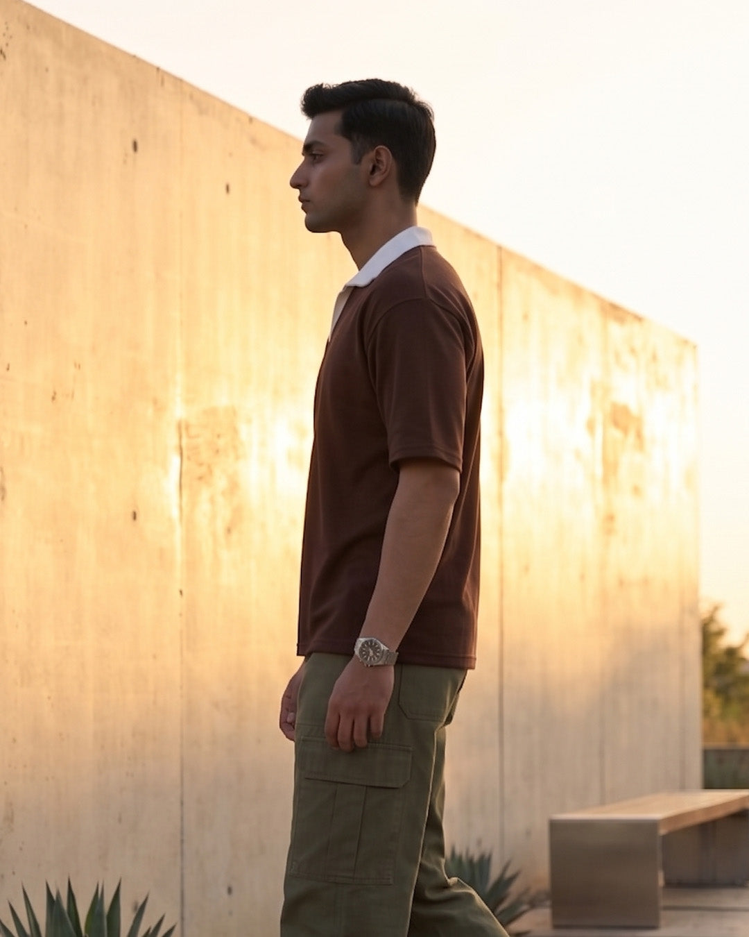 Contrast Collar Polo T-Shirt – Mocha Brown