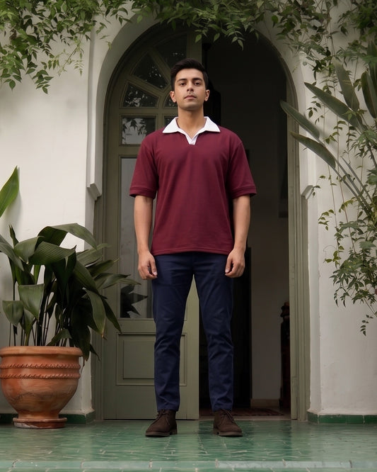 Contrast Collar Polo T-Shirt – Deep Maroon
