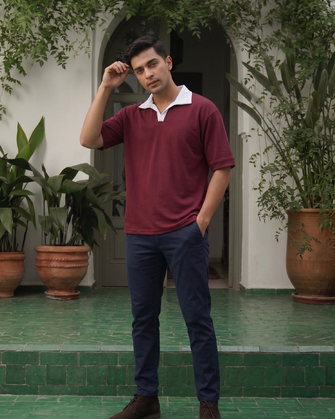 Contrast Collar Polo T-Shirt – Deep Maroon