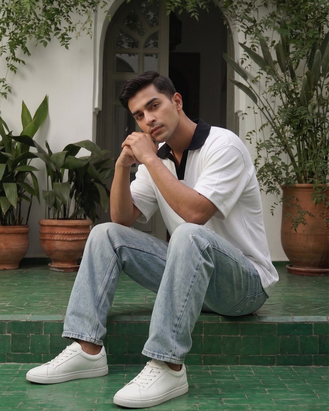 Contrast Collar Polo T-Shirt – Ivory White